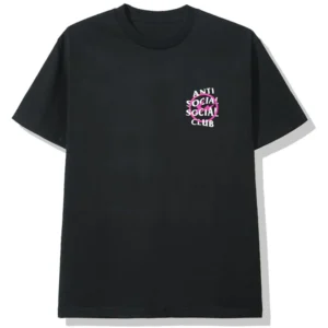 This black ASSC shirt features a pink Fragment logo intertwined with a white Anti Social Social Club logo in such a way that neither brand mark appears to be